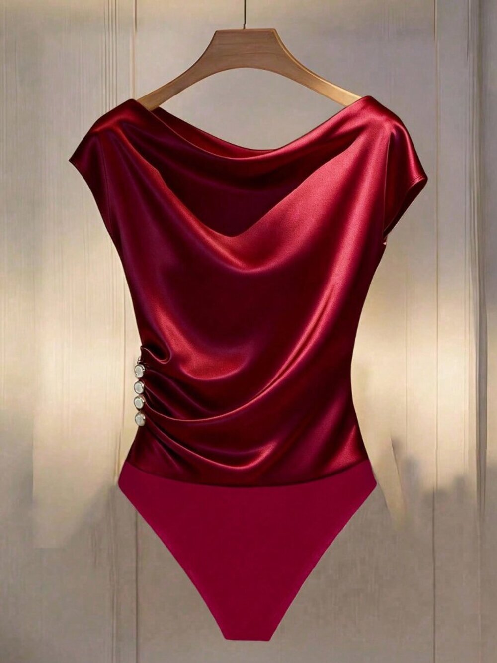 Burgundy Elegant Women's Shiny Elastic Button Sexy Bodysuit